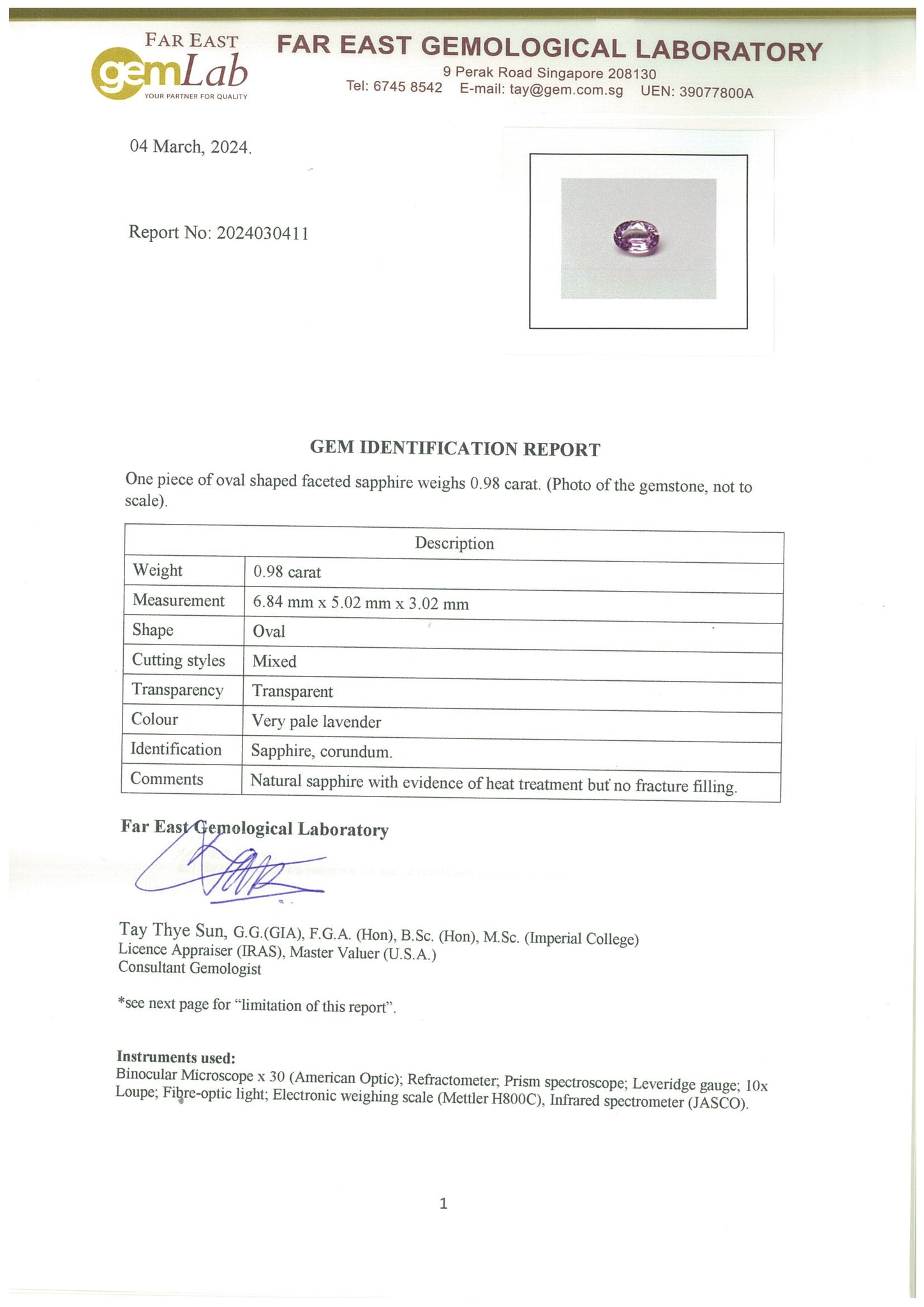 Natural Lavender Oval Shape Sapphire 0.98ct - Far East Gems & Jewellery