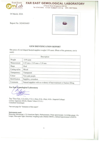Unheated Natural Purple Oval Shaped Sapphire 0.99ct - Far East Gems & Jewellery